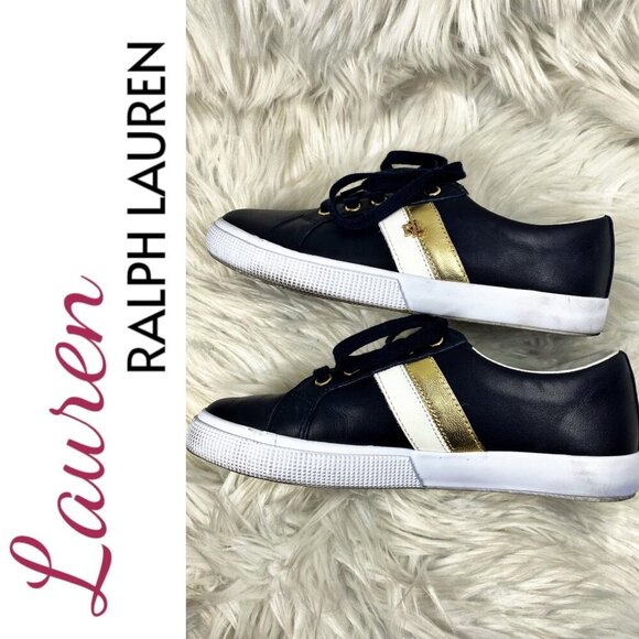 LAUREN RALPH LAUREN JANSON II LOW TOP NAVY BLUE LEATHER SNEAKER, SIZE 7 - Picture 1 of 10
